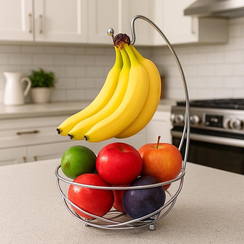 BNYD Chrome Fruit Bowl with Banana Holder â€“ 14" Countertop Wire Basket with Banana Hook, Modern Fruit Basket with Banana Tree Hanger for Kitchen Table or Island Storage - Image 4